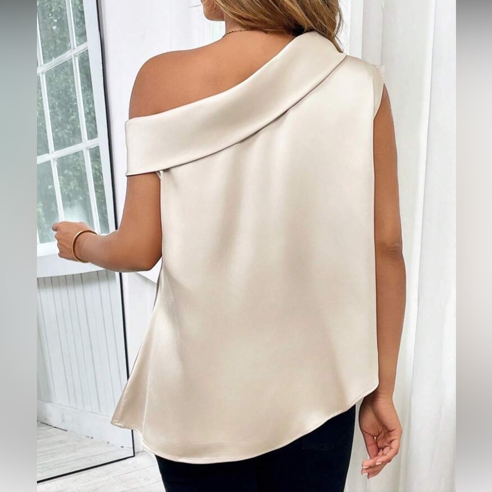 Off-Shoulder Cream Satin Blouse - Elegant Women’s Top - Picture 2 of 5